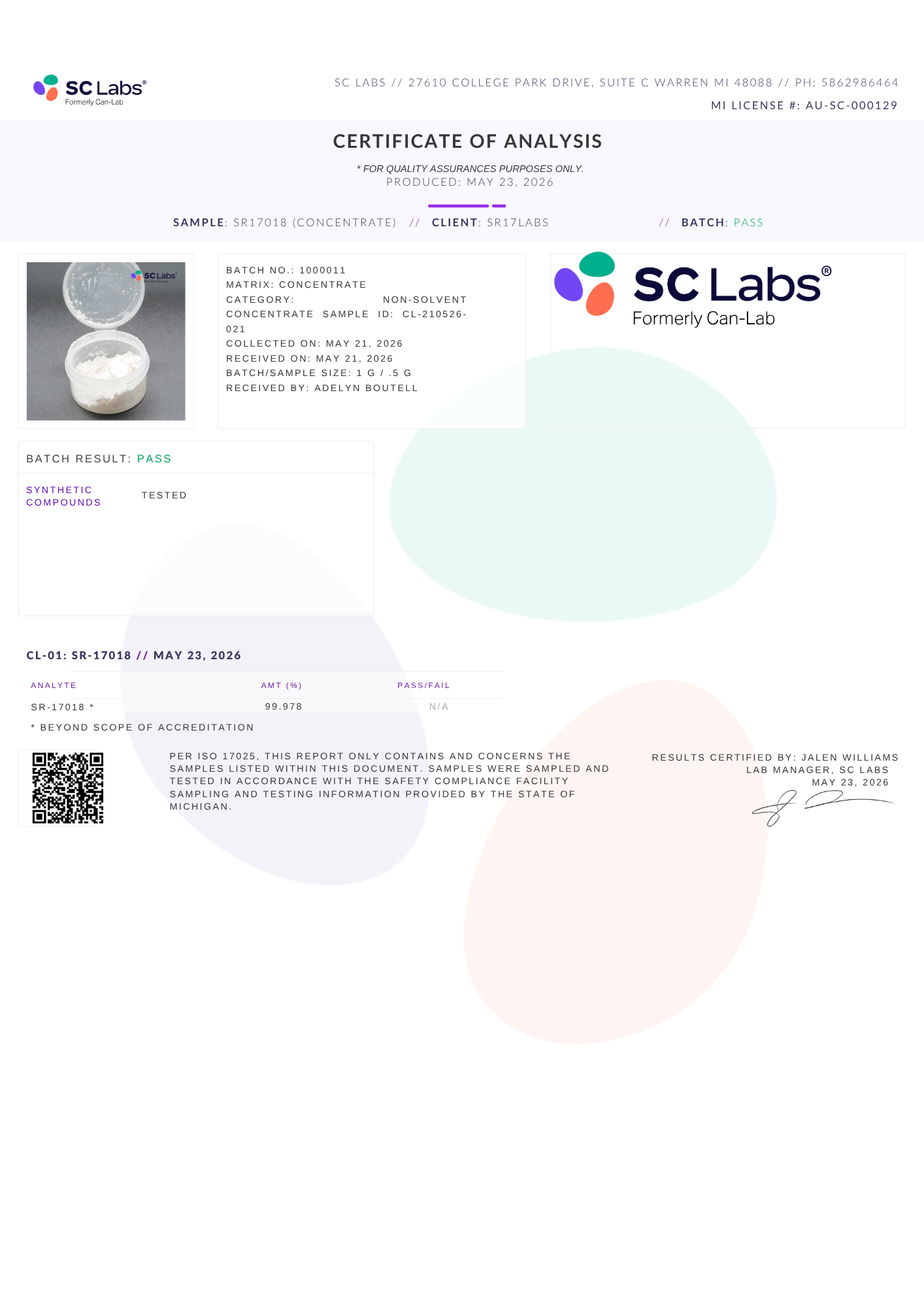 Certificate of analysis for SR-17018 batch 1000011, issued by SC Labs